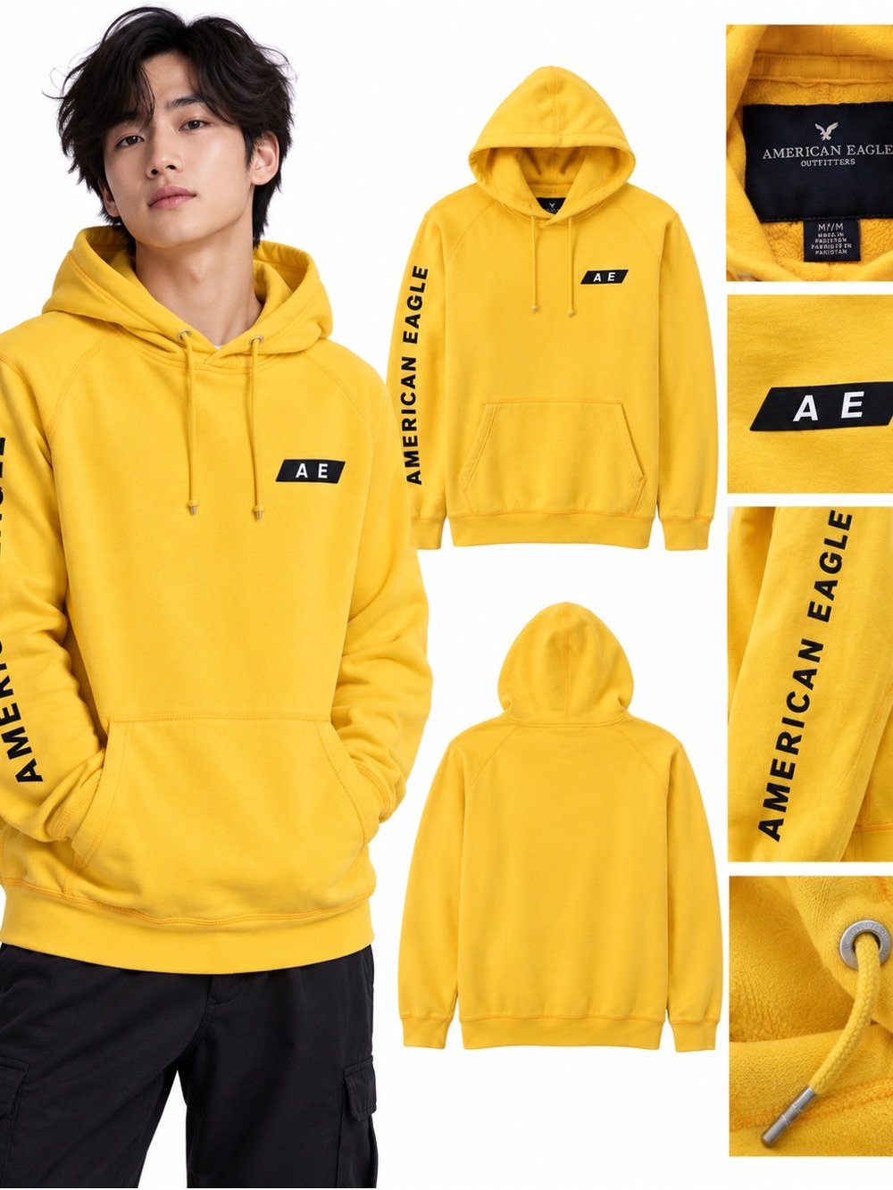 American Eagle Outfitters Yellow 'AE' Logo Pullover Hoodie (Unisex)